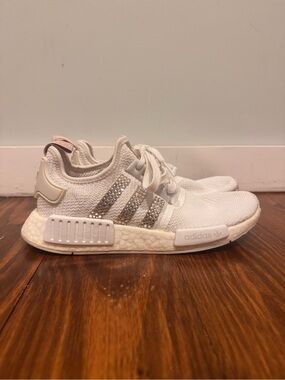 adidas White NMD R1 Sneakers with Sparkle Three-Stripes